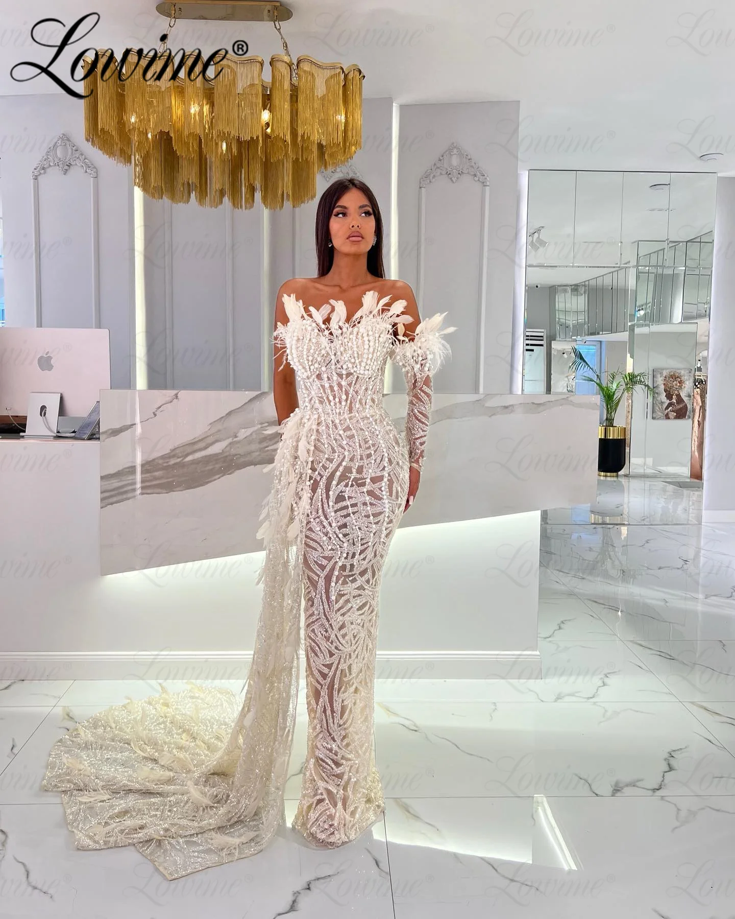 

Feathers One Shoulder Arabic Long Party Dress 2023 See Through Glitter Sequins Pearl Dress Women Evening Gowns Prom Dresses Robe