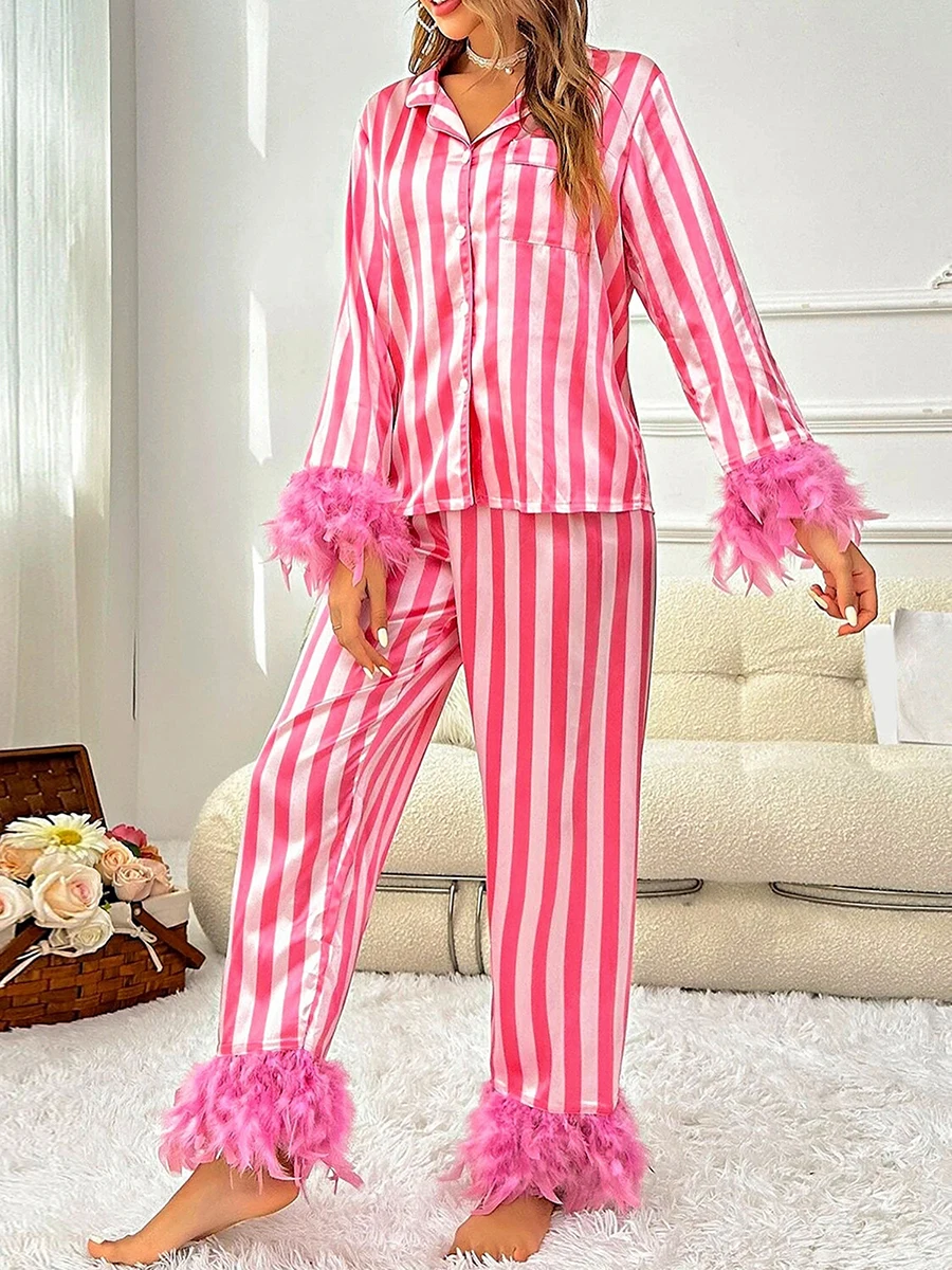 Женский Шелковый Атласный пижамный комплект в полоску рубашка с длинным рукавом