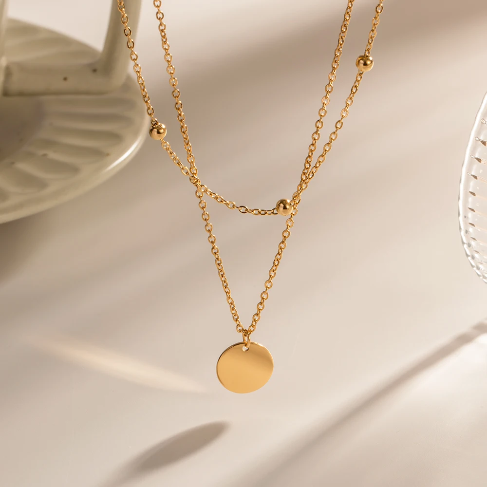 

Double-layer Beads Chain Necklace For Women Personality Round Pendant Necklace Ladies Stainless Steel Necklace Jewelry Gift