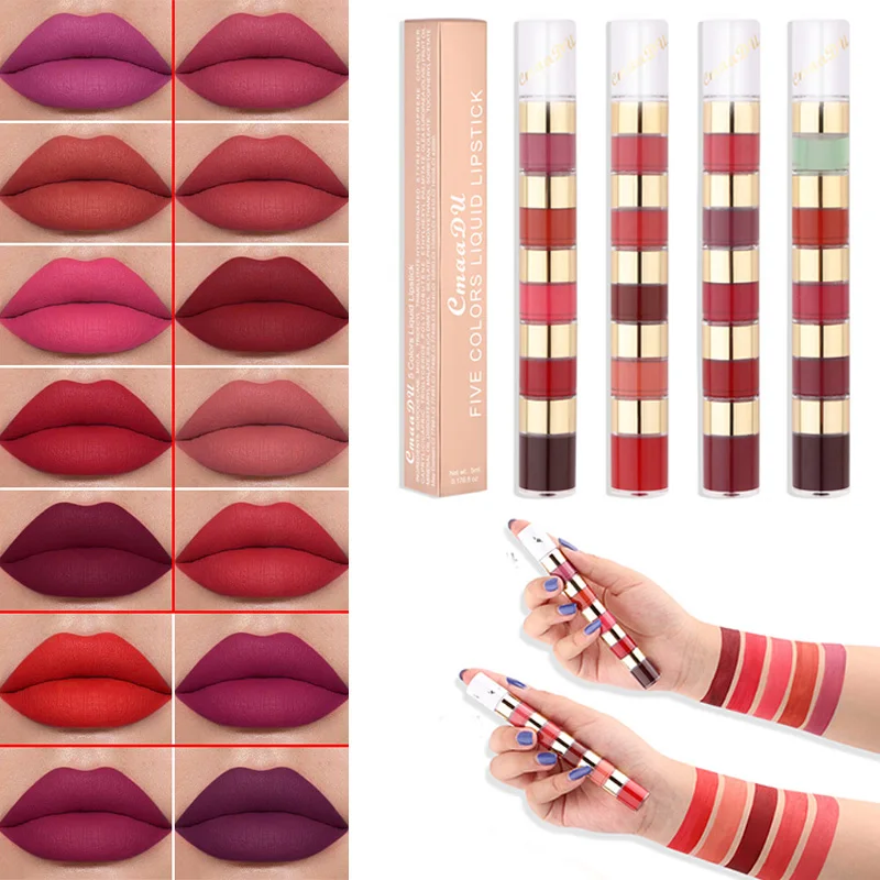 

5 In 1 Velvet Lip Gloss Lip Tint Mix Long Lasting Matte Smooth Makeup Beauty Sexy Non-stick Cup Female Charming Lipstick