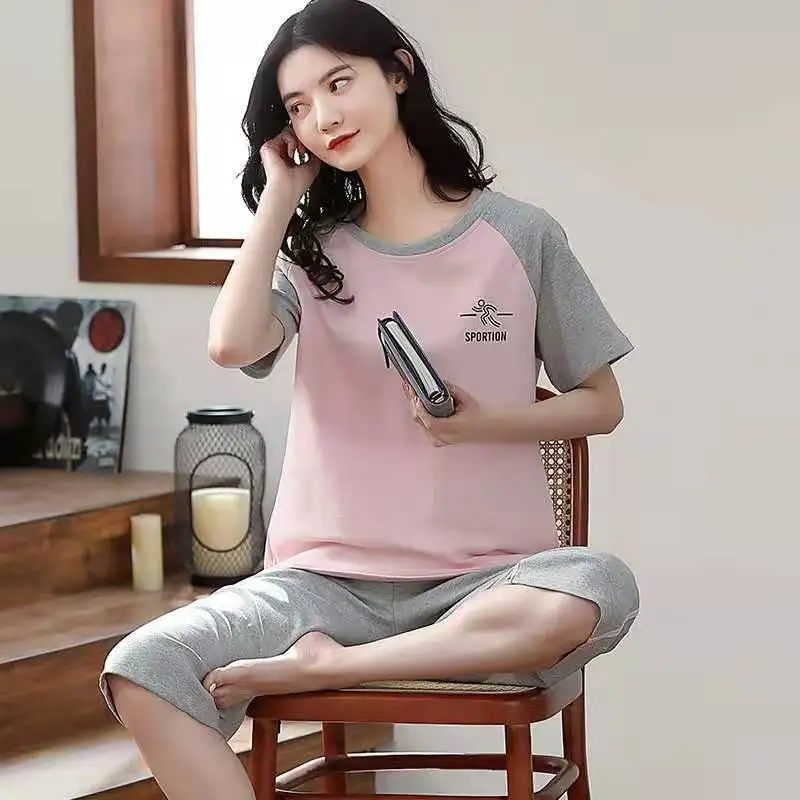Summer new women's cotton pajamas set short-sleeved shorts thin loungewear loose plus size two-piece plus size