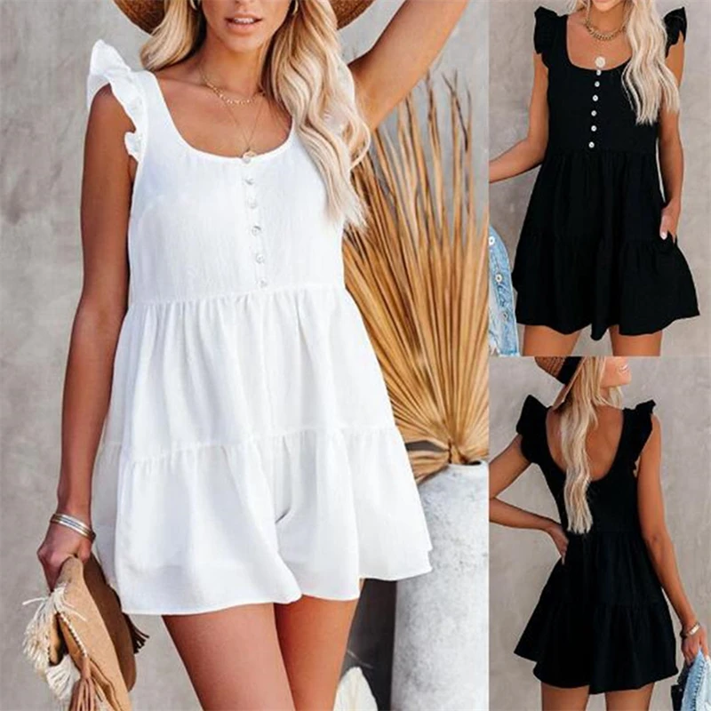 

Sexy Backless White Pleated Patchwork Short Sleeve Women's Jumpsuit Casual Loose Rompers Summer Sweet Beach Party Ladies Clothes