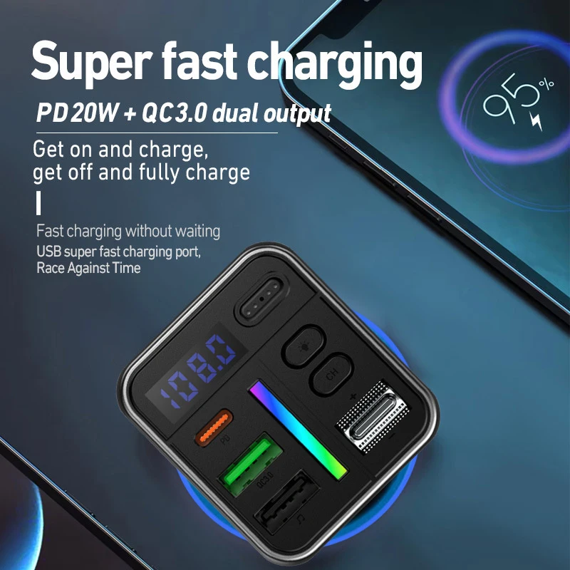 Аудио MP3-плеер UBS Type-C Автомобильное зарядное устройство RGB Light Bluetooth FM-передатчик
