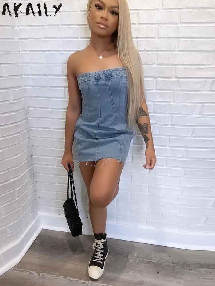 

Akaily Summer Streetwear Solid Denim Mini Dress For Women 2023 Bodycon Backless Slash Neck Dress Casual Zip Up New In Dresses