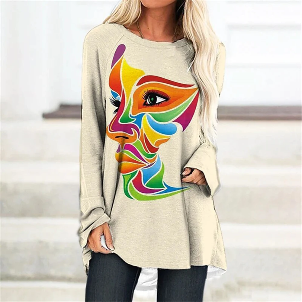

Women's T Shirt Tee Abstract Spliced Cartoon Painting Graphic Patterned Print Streetwear Long Sleeve Round Neck Basic S-5XL