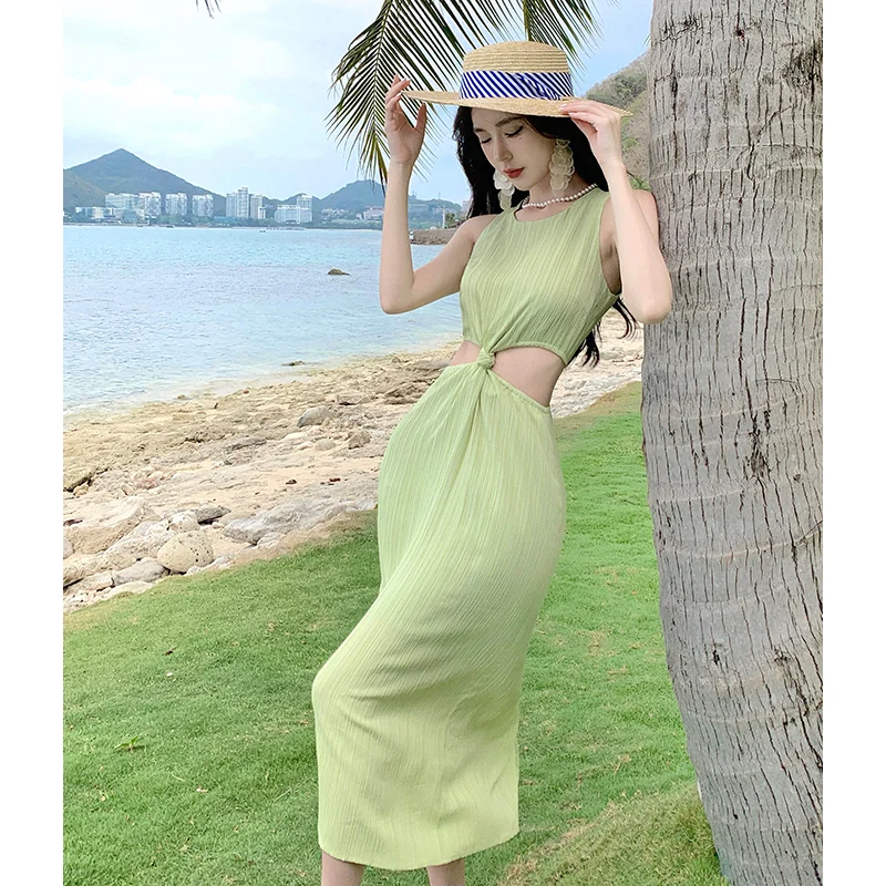 

Hollow Out 2023 New Backless Sexy Beach Dresses Slit Elegant Long Clothing Summer Solid Green Slim Midi Women's Fashional Dress