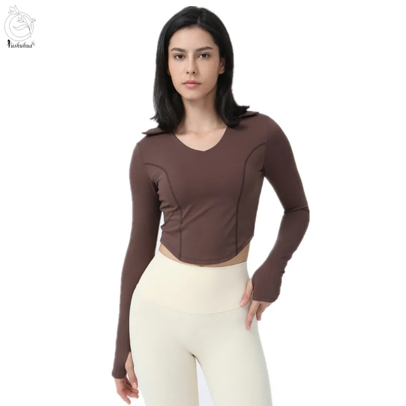 

Yushuhua Curved Hem Gym Fitness Crop Top Yoga Tops Woman Fingerhole Long sleeve Run Sports Shirt Women's Tight Sportswear