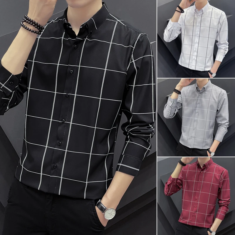

2022 spring and autumn new men's plaid long-sleeved shirt breathable slim business solid color shirt outdoor daily work shirt
