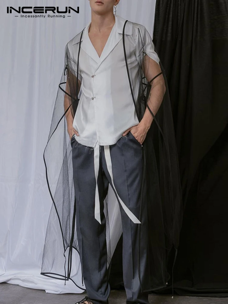 

INCERUN Men Mesh Shirt 2022 Transparent Open Stitch Long Sleeve Sexy Long Style Cardigan Streetwear Loose Casual Men Clothing