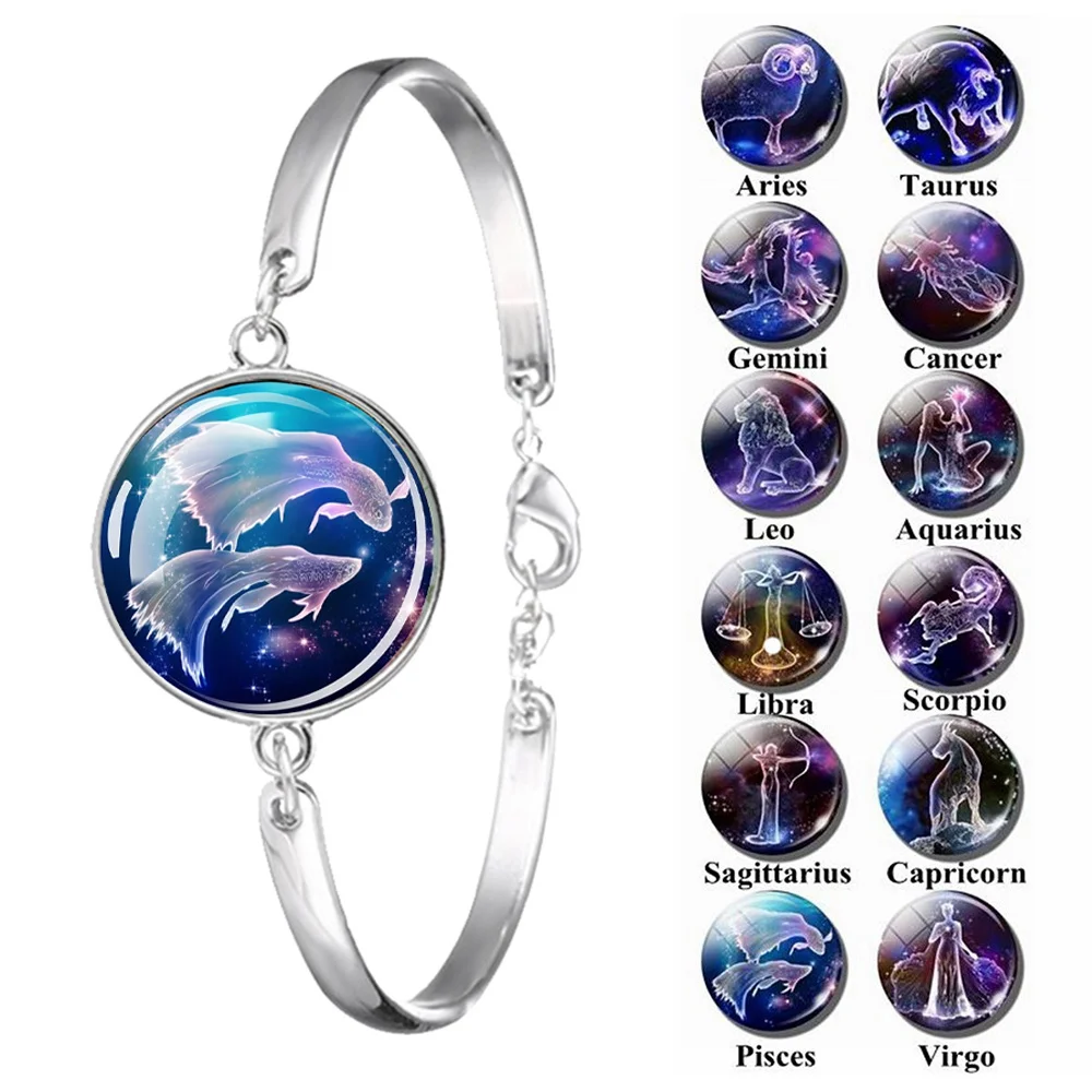 

12 Constellations Bracelets Zodiac Glass Cabochon Silver Adjustable Bangles for Women Charm Bracelet Jewelry Birthday Gift