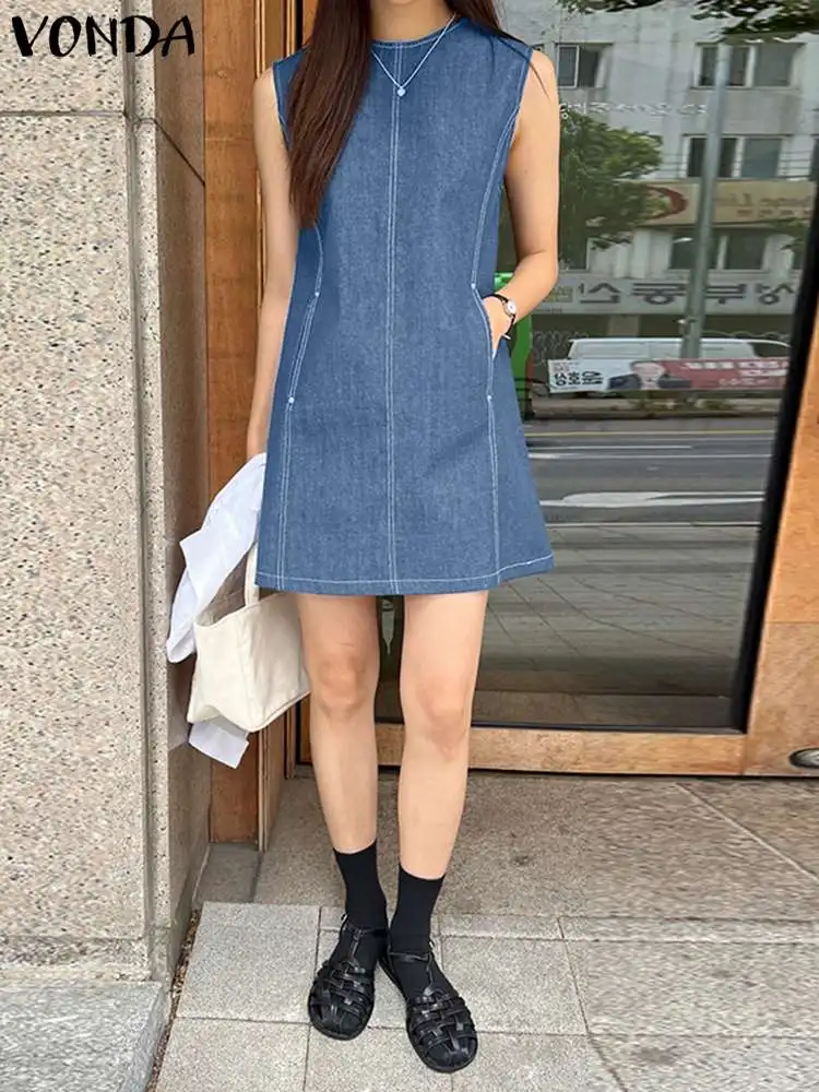 

2023 Летний джинсовый сарафан VONDA женское модное сексуальное мини-платье без рукавов однотонная свободная уличная одежда короткие платья
