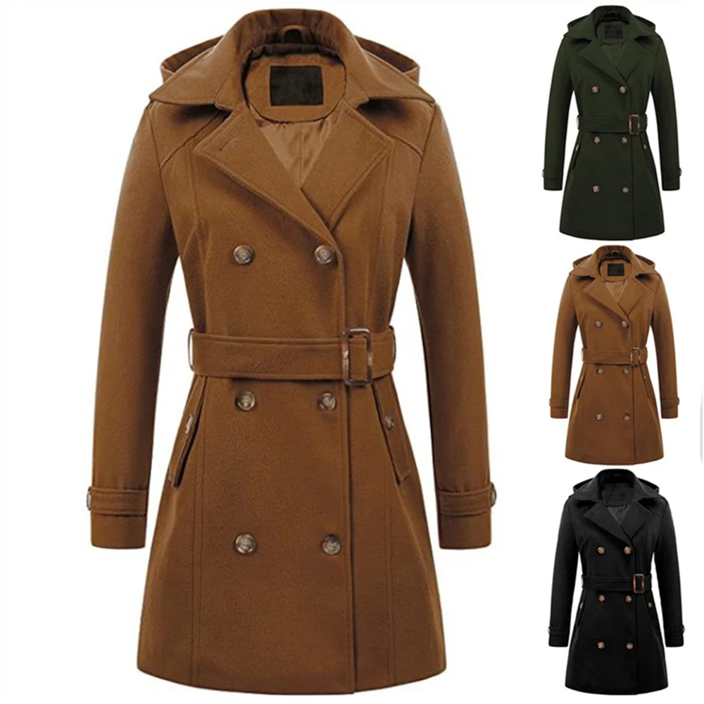 

Модное шерстяное Женское пальто с капюшоном, классическое двубортное пальто с отложным воротником, ветровка с поясом, осенне-зимняя куртка, топы