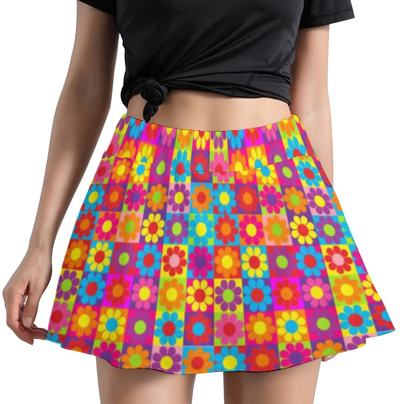 

Retro 60s Print Skirt Flower Power Squares Korean Fashion Casual Skirts Woman Trendy Mini Skirt Print Bottoms Birthday Gift
