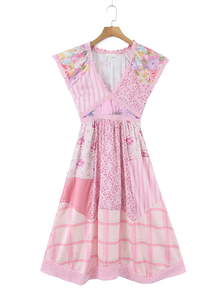 

YENKYE 2023 New Women Pink Print Patchwork Summer Dress V Neck Short Sleeve Ladies Holiday Boho Dress Midi Robe
