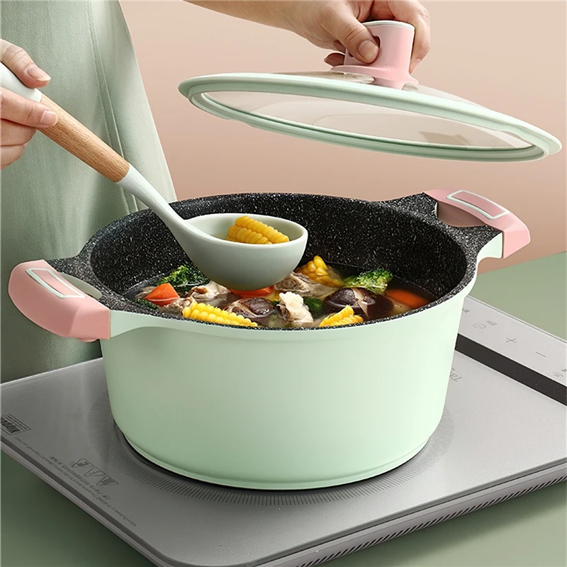 Aluminum Kitchen Pot Nordic Green Single Handle Frying Pan Soup Pot Saucepan Household Kitchen Supplies Cooking Utensils