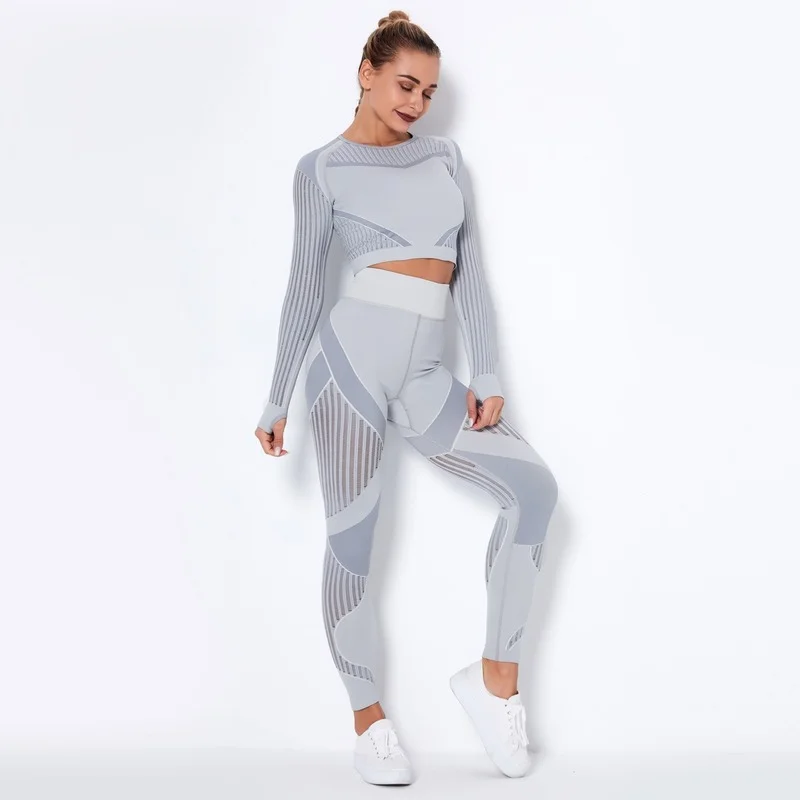 Gym Set Women Long Sleeve Crop Top Sportswear Tights Pants Yoga Set Sports Leggings Fitness Suit Workout Summer Tracksuit Female