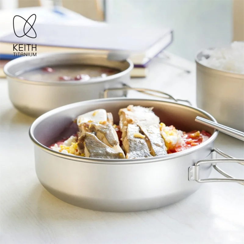 Фото Титановая походная миска Keith с складной ручкой, легкая, портативная, для пикника на природе, столовые приборы, 300-600 мл №2