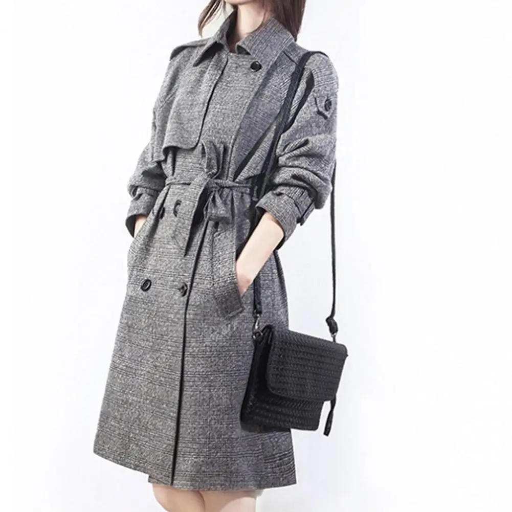 

Теплое удобное пальто шикарное Женское шерстяное пальто с клетчатым принтом двубортное пальто средней длины с поясом для осени и зимы модная верхняя одежда