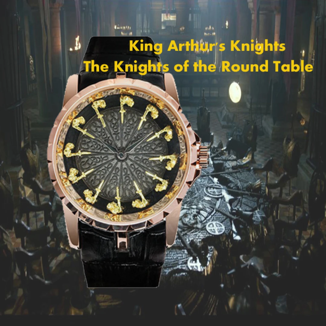 

Fashion Designer Knights Figurines Hour Markers Watch. Excalibur Knights of The Round Table Leather Strap Mens Quartz Wristwatch