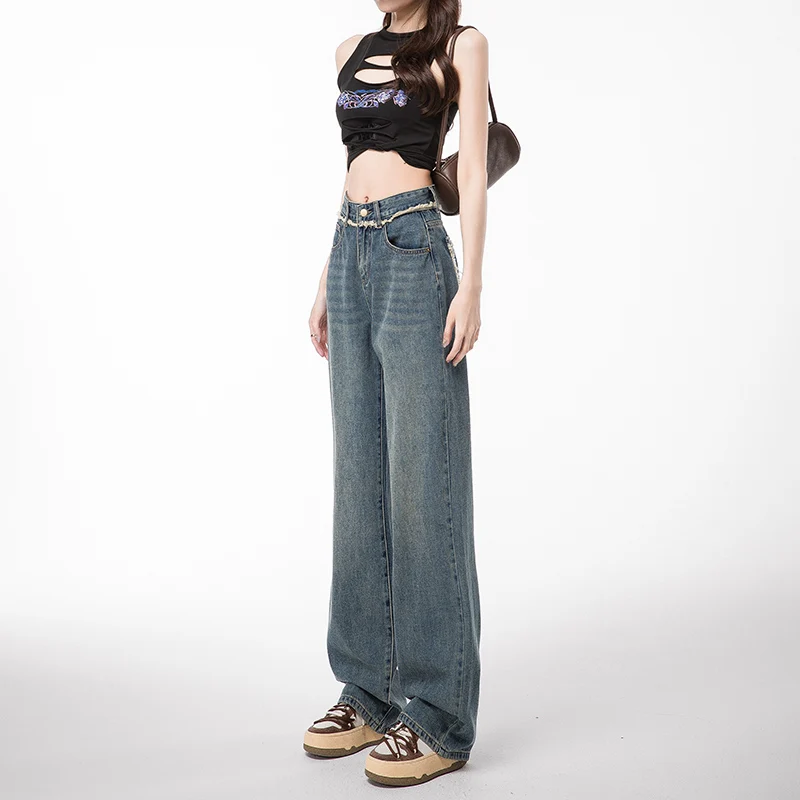 Fashion Versatile Straight Trousers Light Color Jeans Women'S Spring Summer New High-Waisted Color Contrast Wide Leg Pants