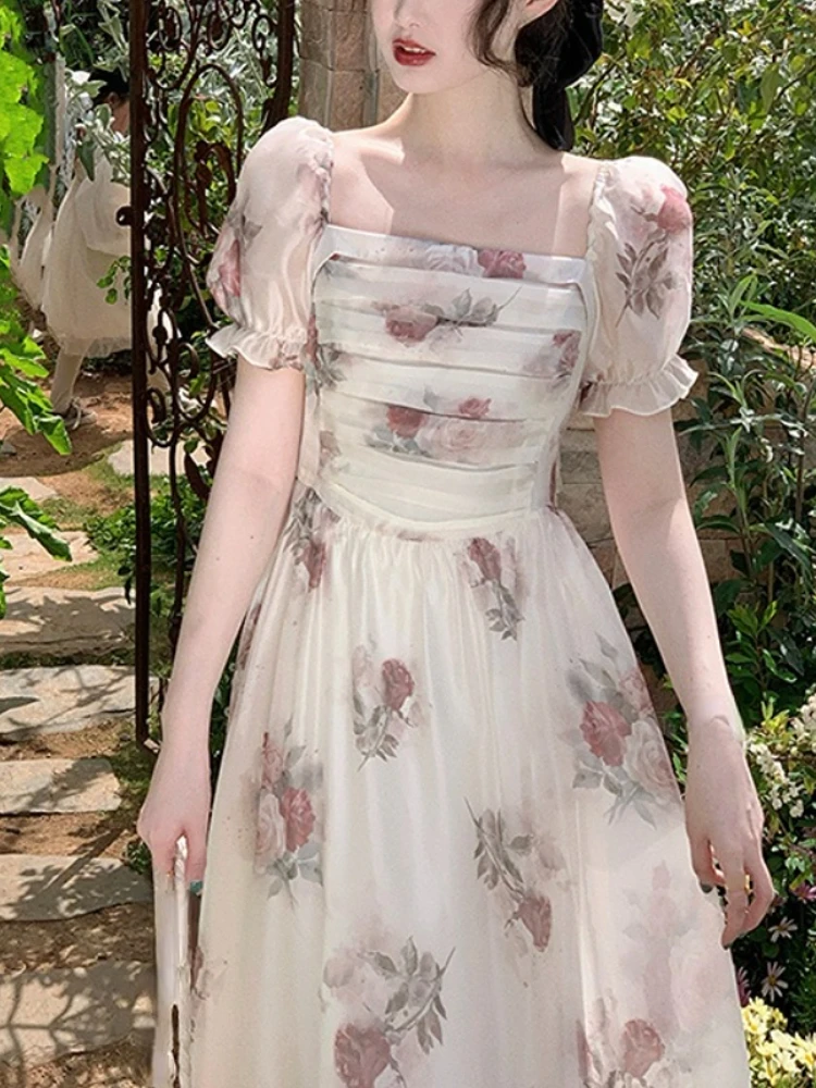 

Женское винтажное платье миди, кружевное платье во французском стиле с цветочным принтом, коротким рукавом и квадратным вырезом, новинка весны-лета 2023