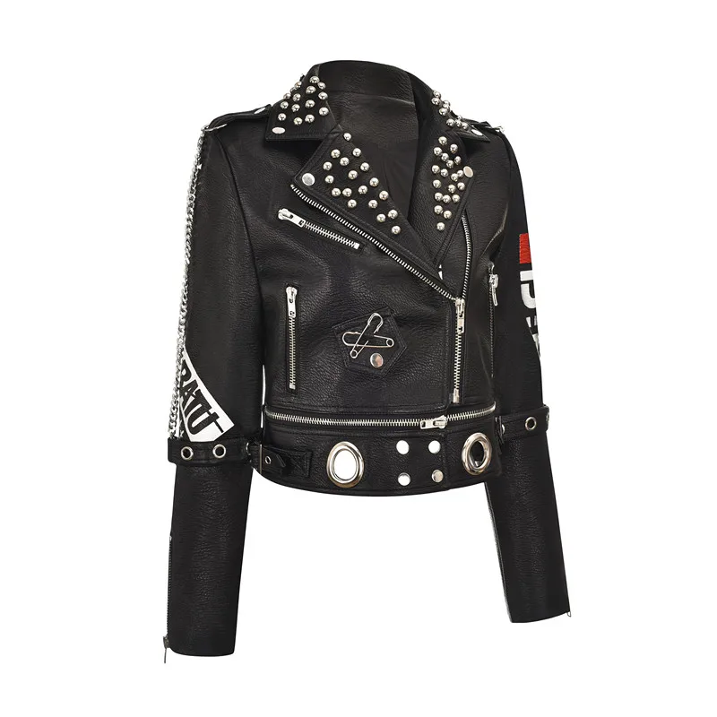 Motorcycle Leather Jacket Women Short Fashion Rock Punk Studded Streetwear Printed Black PU Leather Heavy Coats jaqueta de couro