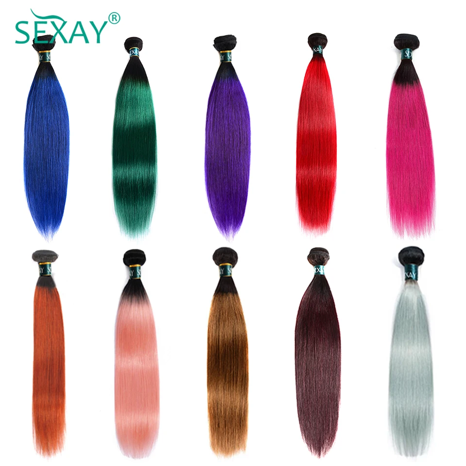 30 Inch 1B Blue Turquoise Purple Pink Straight Bundles Sexay Brazilian Straight Ombre Human Hair Weave 2 Tone Orange Grey Hair