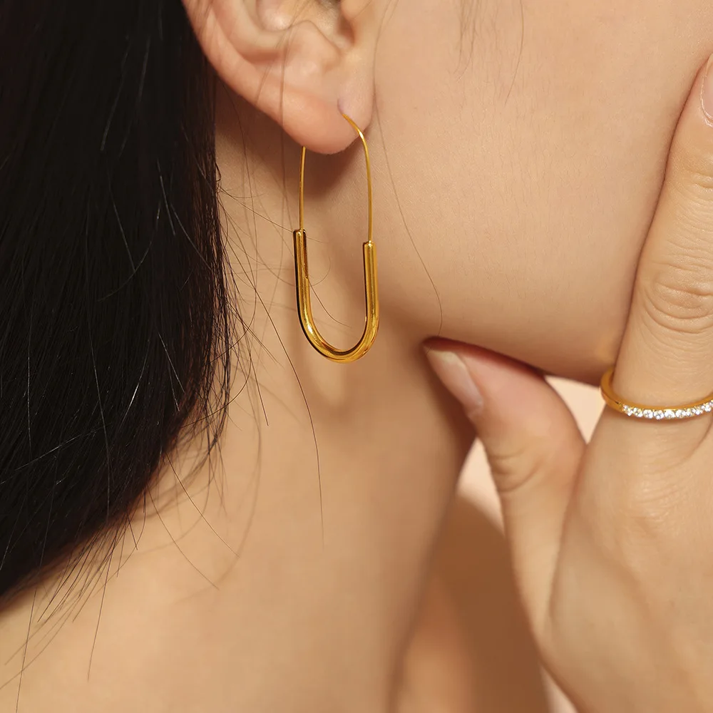 Женские длинные серьги-кольца из нержавеющей стали с золотым покрытием