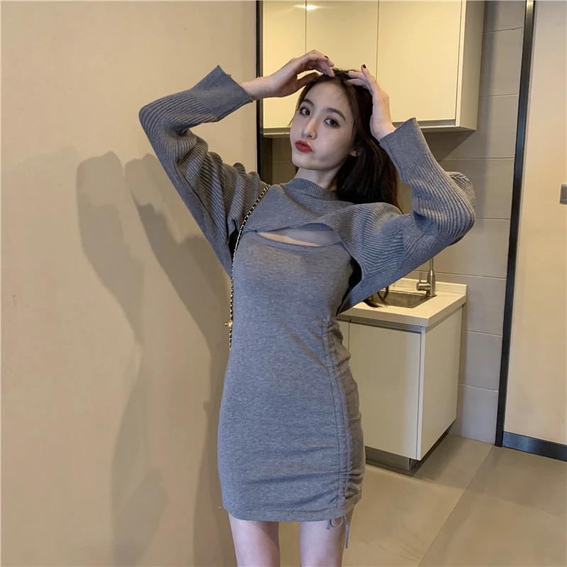 

Женский трикотажный Костюм-двойка, модное Плиссированное Платье на бретельках и асимметричный свитер, накидка, шаль, Осень-зима