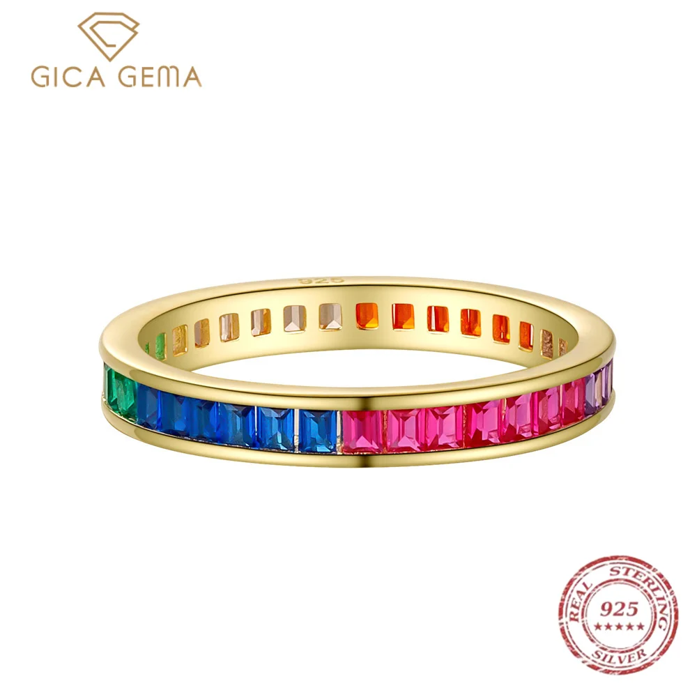 

Gica Gema 18K Gold Plated 925 Sterling Silver High Carbon Diamond Gemstone Rainbow Row Ring Wedding Band Fine Jewelry For Women