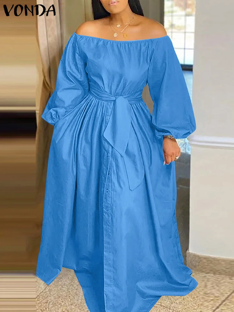 

VONDA Oversized 2022 Femme Casual Spring Elegant Off Shoulder Dress Women Button Up Party Robe Solid Sundress Long Maxi Vestidos