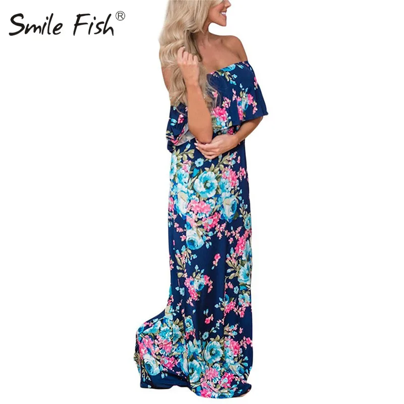 

Slash Neck Female Summer Maxi Dress Women Boho Sexy Split Beach Ruffles Sundress Casual Off Shoulder Long Dress Pockets GV741
