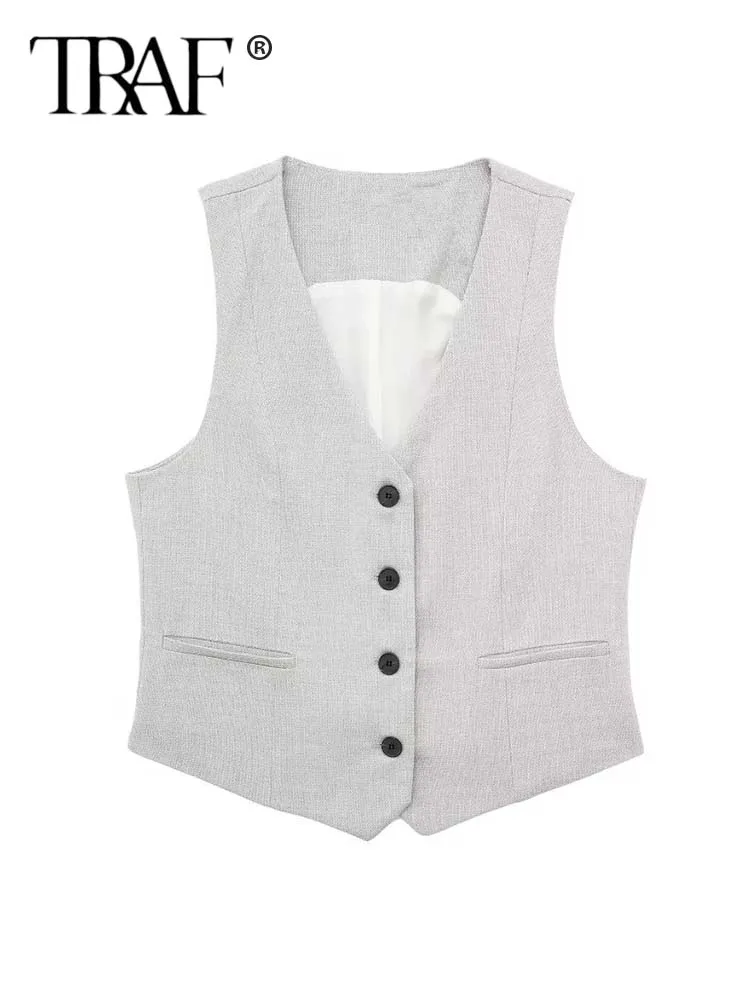 

TRAF 2023 Women's Chic Waistcoat Solid Color V-Neck Sleeveless Pockets Single Breasted Female Fashion Summer Casual Vests