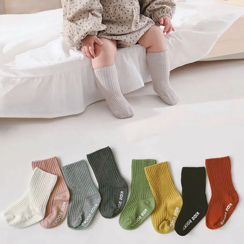 Осенне-зимние Нескользящие однотонные напольные носки для младенцев девочек и
