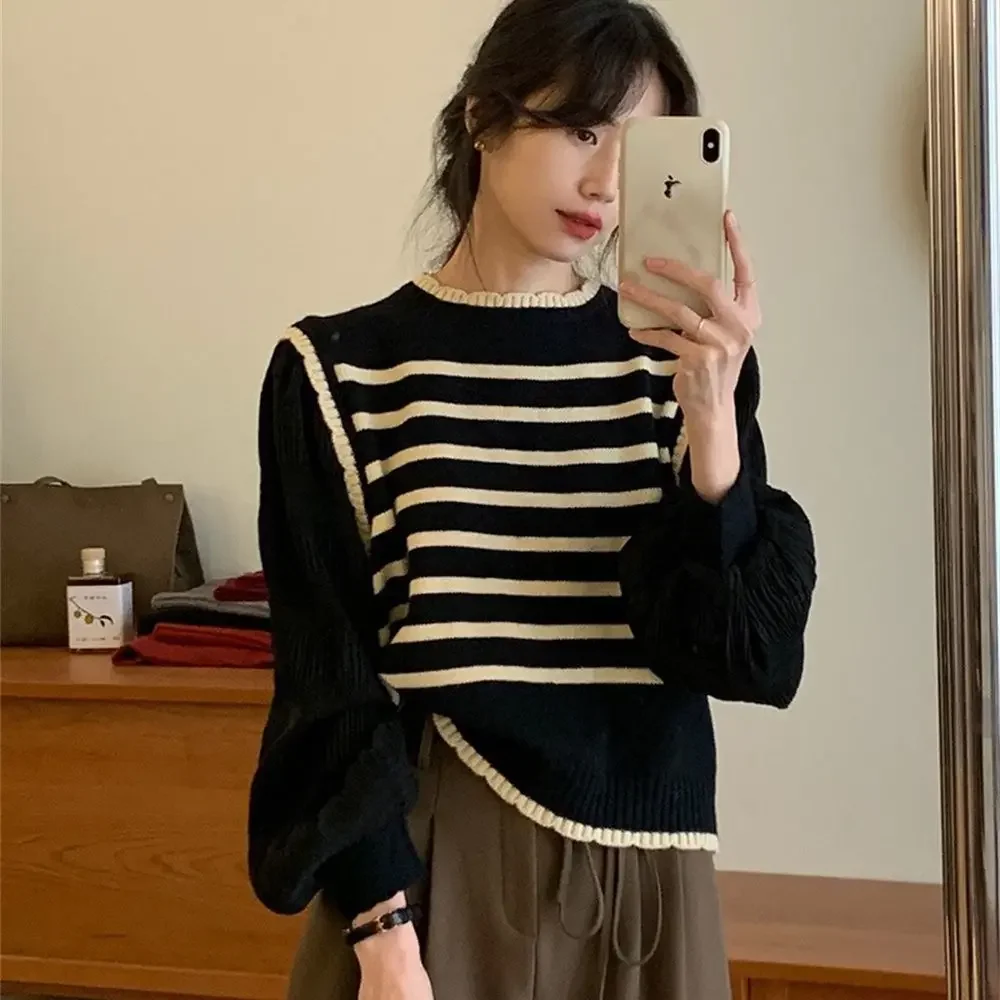 

Pullover Women's Sweater Kawaii White Knit Tops for Woman Striped Black Cute Round O Neck Crochet Harajuku Fashion Warm New In