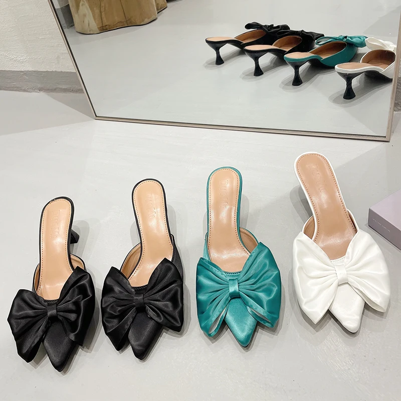 

2022 Summer Thin High Heels Women Pumps Butterfly-Knot Mules Shoes Ladies Sandals Square Toe Female Shoes Casual Outside Slides