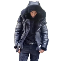winter coats men thick faux leather fur sheepskin coat fur leather jacket zipper fly belt plus velvet with hat aviator jacket