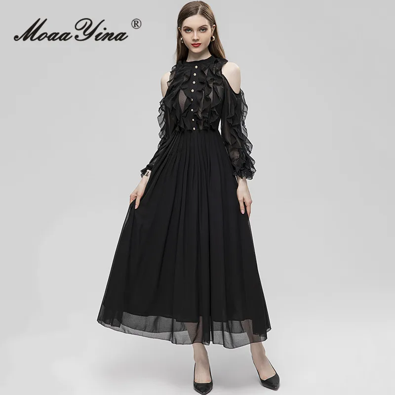 MoaaYina Summer Fashion Designer Vintage Chiffon Dress Women's O-Neck Off Shoulder Ruffles Button Party Black Pleated Long Dress