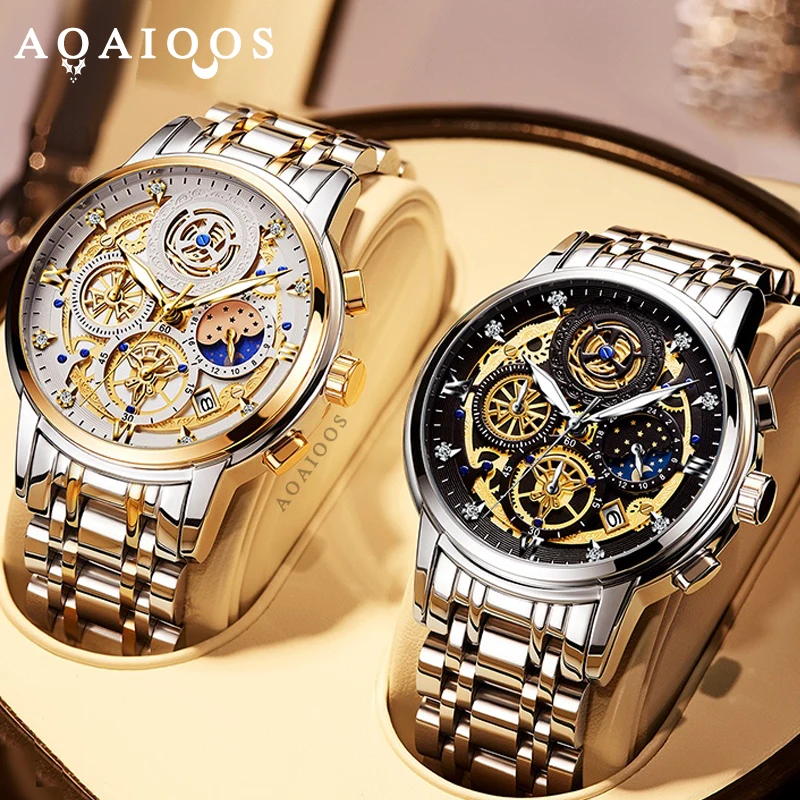 Enlarge 2023 AOAIOOS Men's Fashion Ultra Thin Watches Simple Men Business Stainless Steel Mesh Belt Quartz Watch relogio masculino