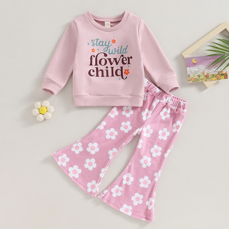 

Girls Autumn Clothes Sets Long Sleeve Letter Print Sweatshirt Pullover Tops and Floral Flared Long Pants 2Pieces Outfit