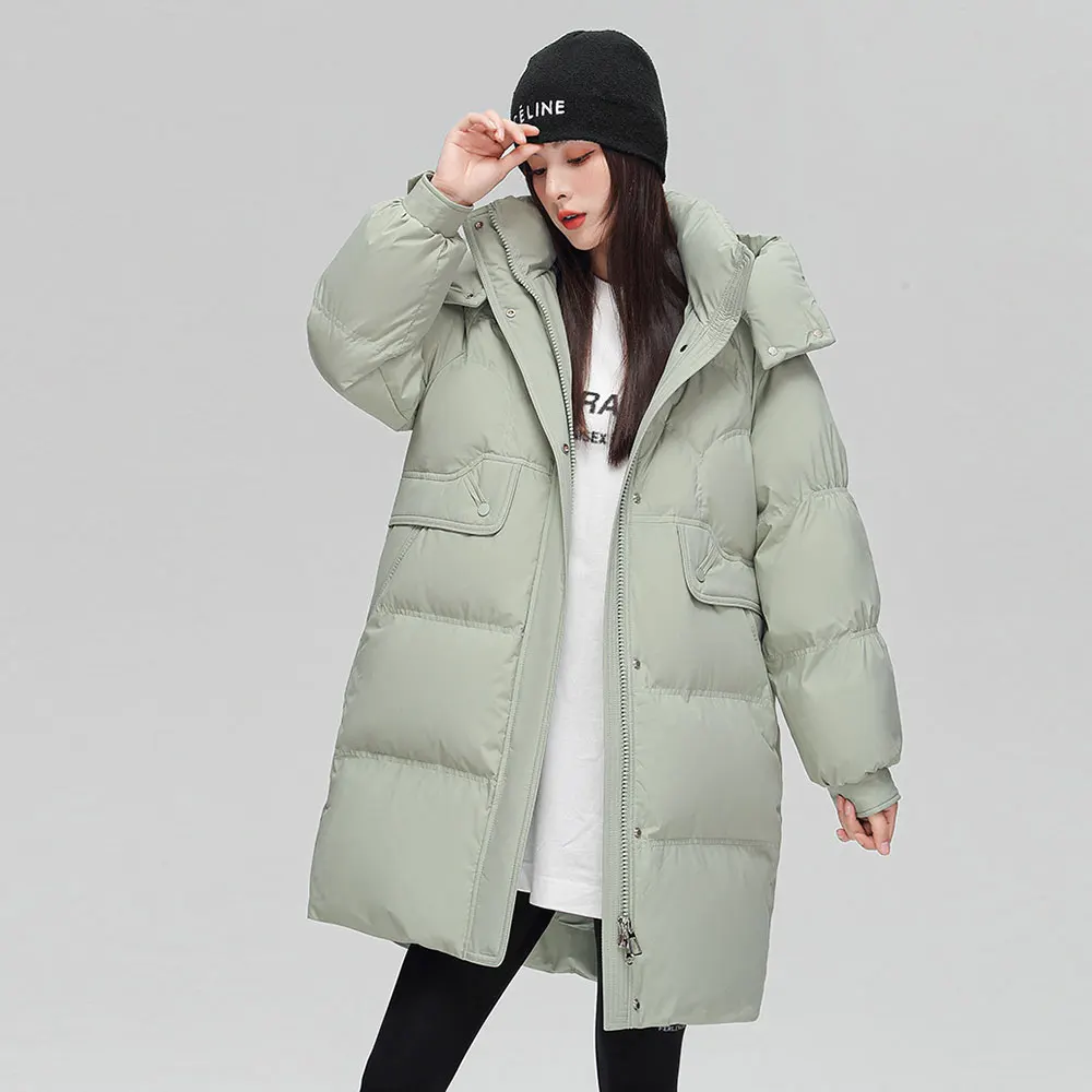 

Women's Fashion Down Jacket High-End Medium Long 2023 Winter New Loose Thick Hooded Windproof White Duck Down Lady Coat Tide