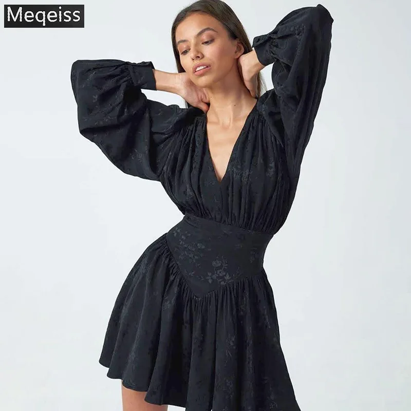 

Meqeiss College Style Black Print Elegant Puff Sleeve Mini Dresses For Women Winter Casual Streetwear Party Pleated Dress Female