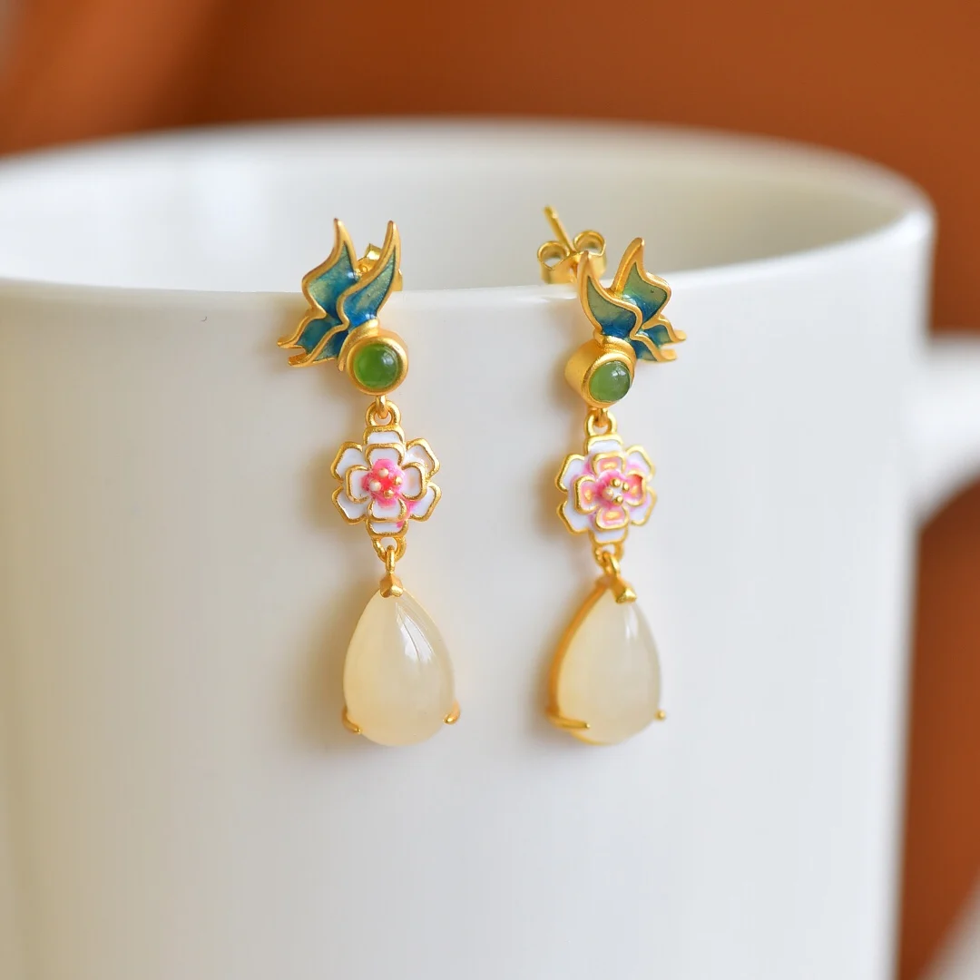 

2545-6# Enamel Lady Women Round Flower Water Drop HETIAN White Jade S925 Pure Silver Natural Nephrite Cheongsam Party Earrings