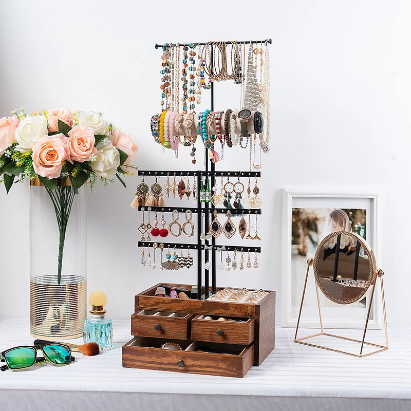 Earring Organizer Jewelry Display Rack Stand Jewelry Tree Storage Box with Wooden Base Hanging Drawer for Bracelet Ring Necklace