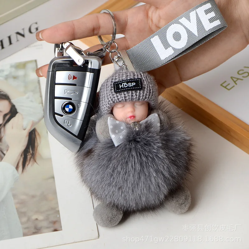 

Pompom Sleeping Baby Keychain Cute Fluffy Plush Doll Keychains Women Girl Bags Keyrings Cars Key Ring Gift Charming Decoration