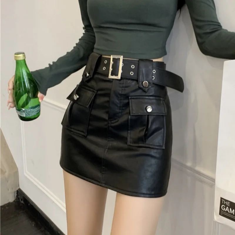 

Женская мини-юбка из ПУ кожи, с поясом и молнией
