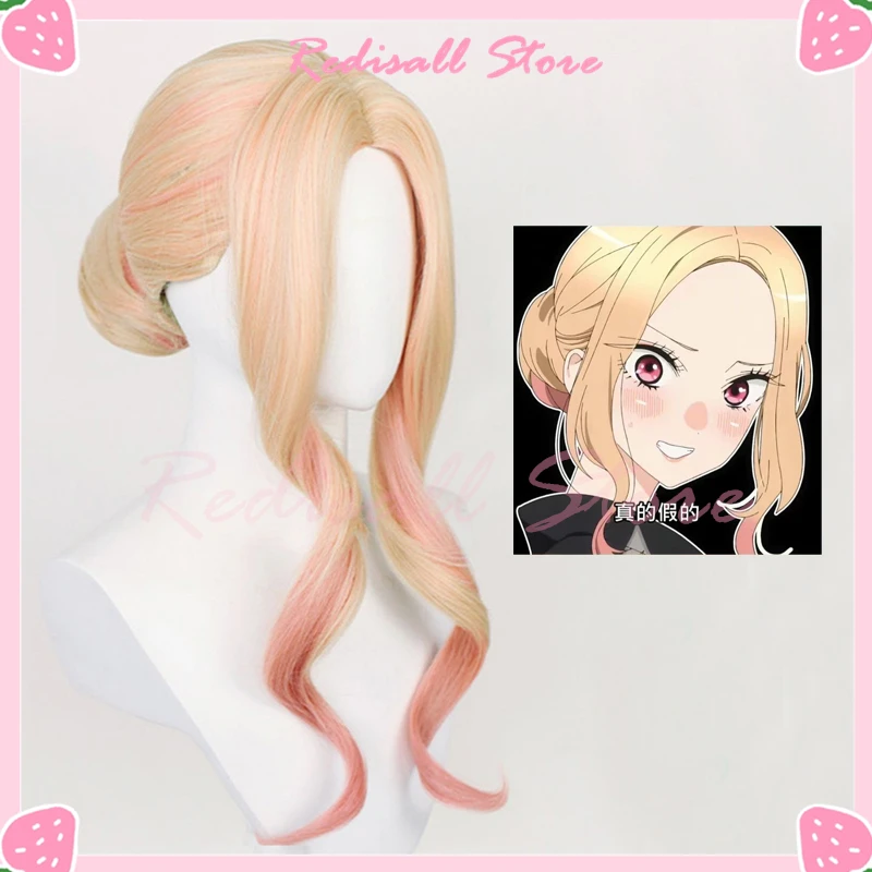 

Marin Kitagawa Cosplay Wig Bun My Dress-Up Darling Mixed Golden Pink Hair 60cm Long Curly Bangs Adult Women Role Play