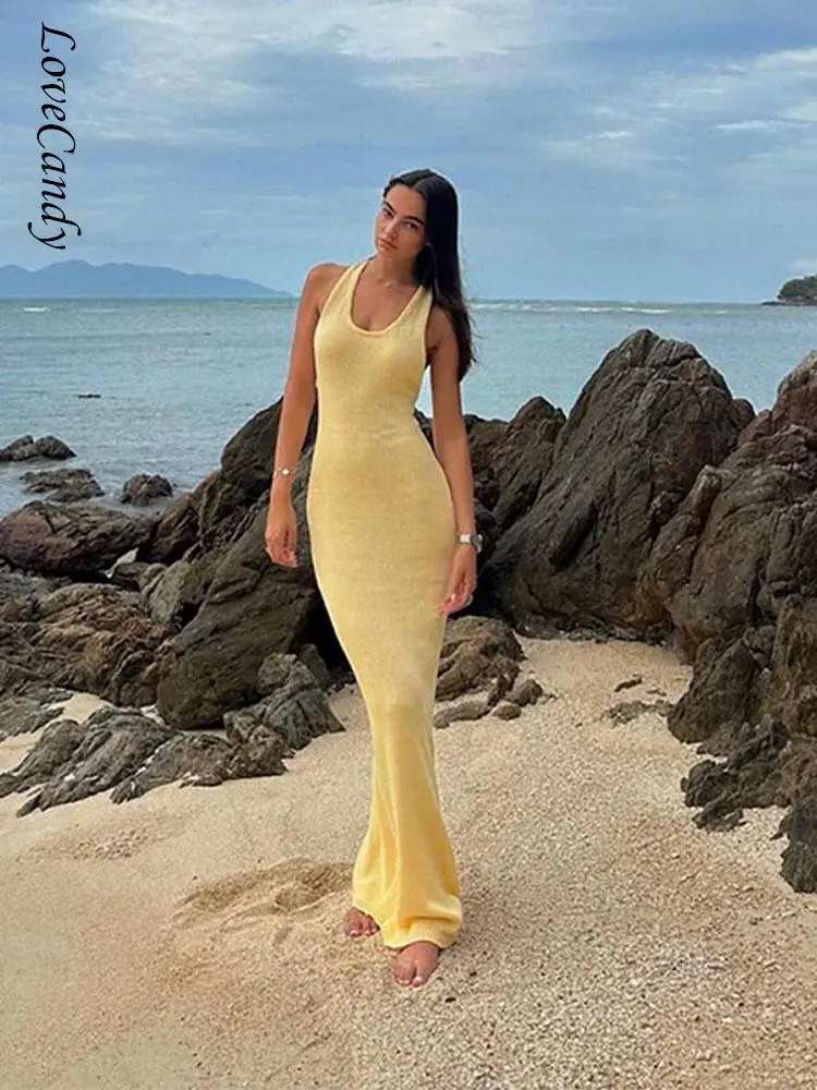 

Solid Backless Slim Long Dresses For Women Sleeveless High Waisted Hip Wrap Vestidos 2023 Autumn Fashion Beach Vacation Robes