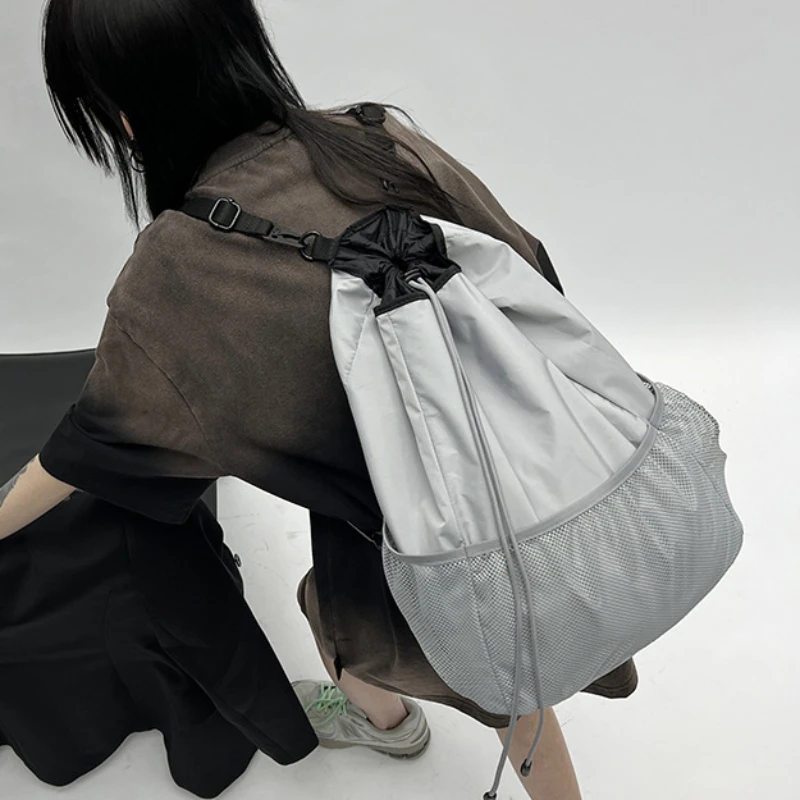 Stereo Offset Printing Space Gray Nylon Lightweight and Large Capacity Backpack, Drawstring Shrink Multifunctional Backpack