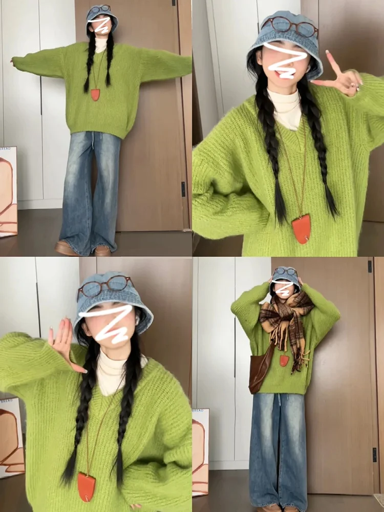 2024 новая корейская серия зеленый свободный вязаный свитер с v-образным вырезом